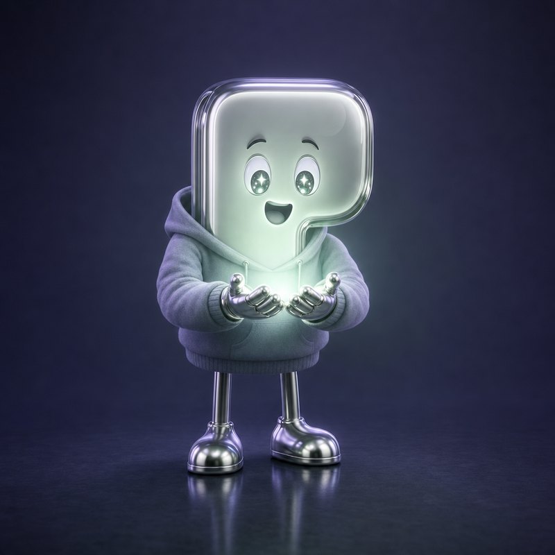 A chrome letter-P figure in a hoodie staring in astonishment at a soft glow cupped in its hands