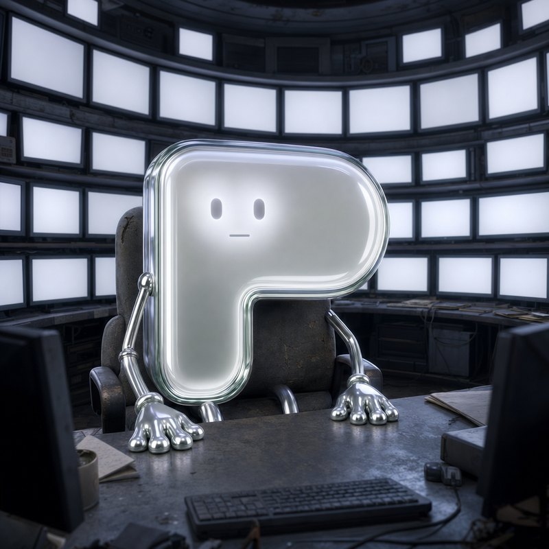 A chrome letter-P figure seated before a curved wall of blank glowing screens