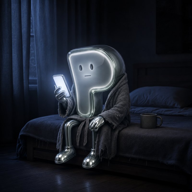 A chrome letter-P figure in a worn robe sitting on the edge of a bed before dawn, lit by a phone screen